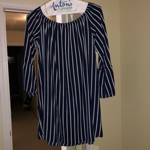 Navy and white striped off the shoulder dress
